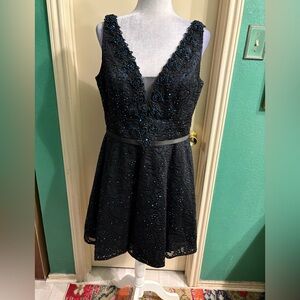 Tony Bowls Sleeveless Fit and Flare Beaded Mesh Dress